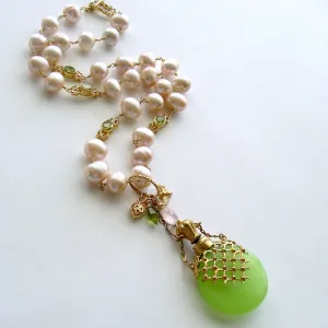 Kiwi Green Opaline Chatelaine Scent Bottle Necklace Pink Baroque Pearls Peridot - Majory Necklace