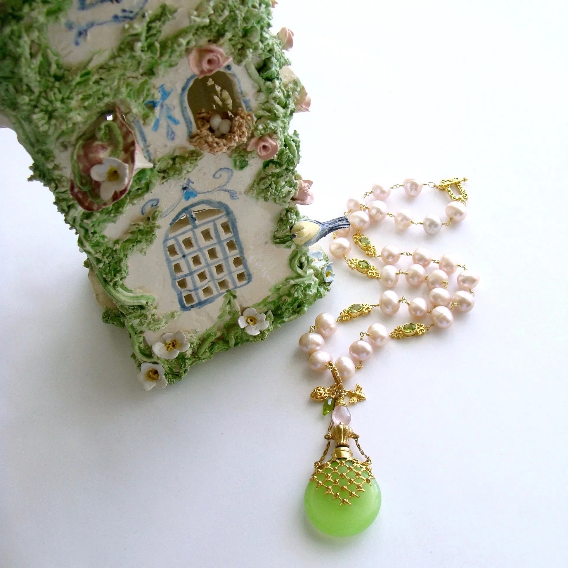 Kiwi Green Opaline Chatelaine Scent Bottle Necklace Pink Baroque Pearls Peridot - Majory Necklace