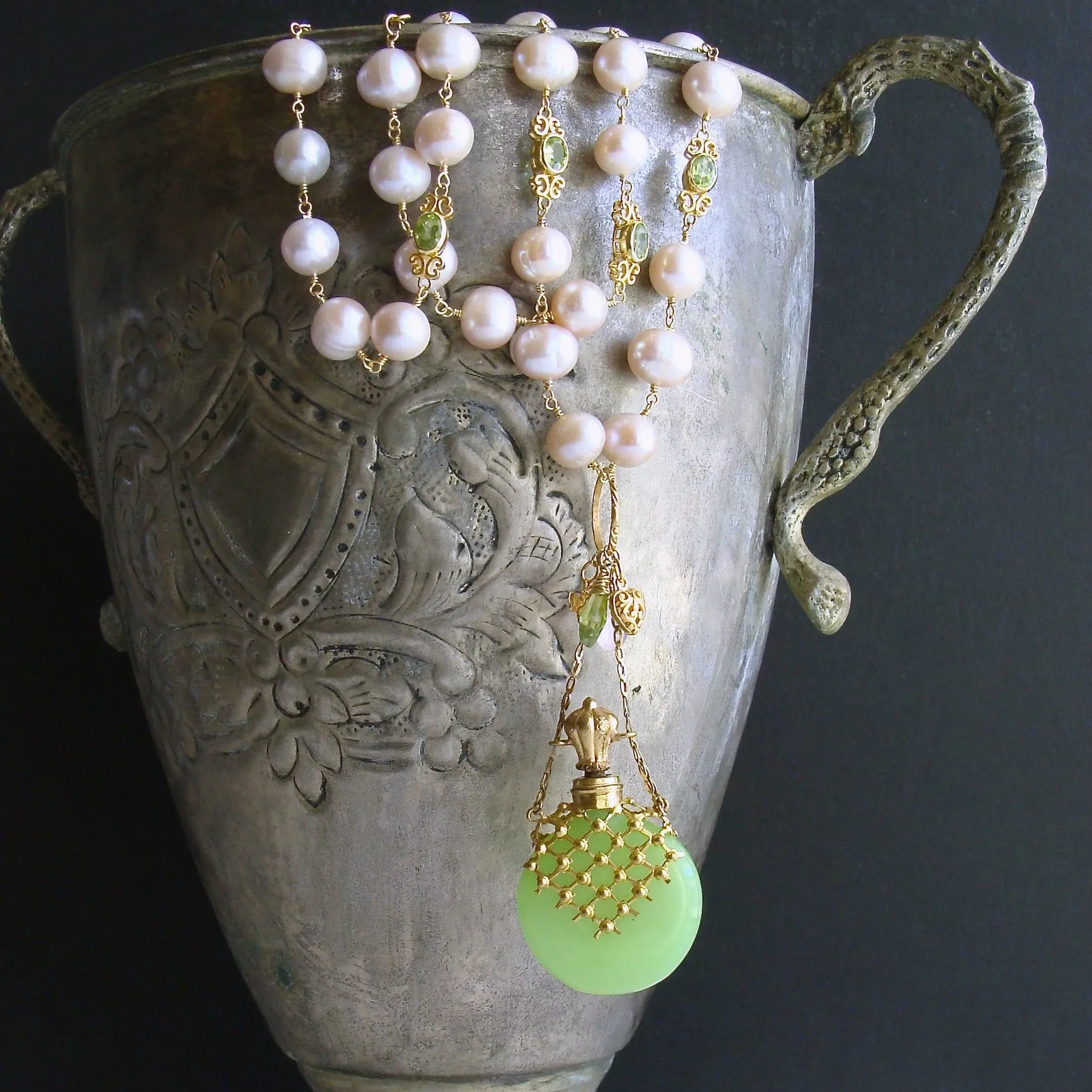 Kiwi Green Opaline Chatelaine Scent Bottle Necklace Pink Baroque Pearls Peridot - Majory Necklace