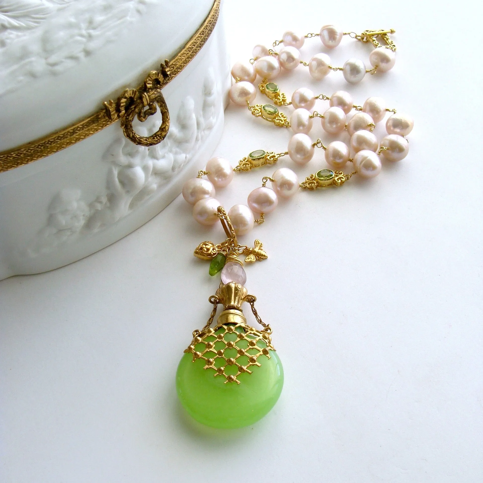 Kiwi Green Opaline Chatelaine Scent Bottle Necklace Pink Baroque Pearls Peridot - Majory Necklace