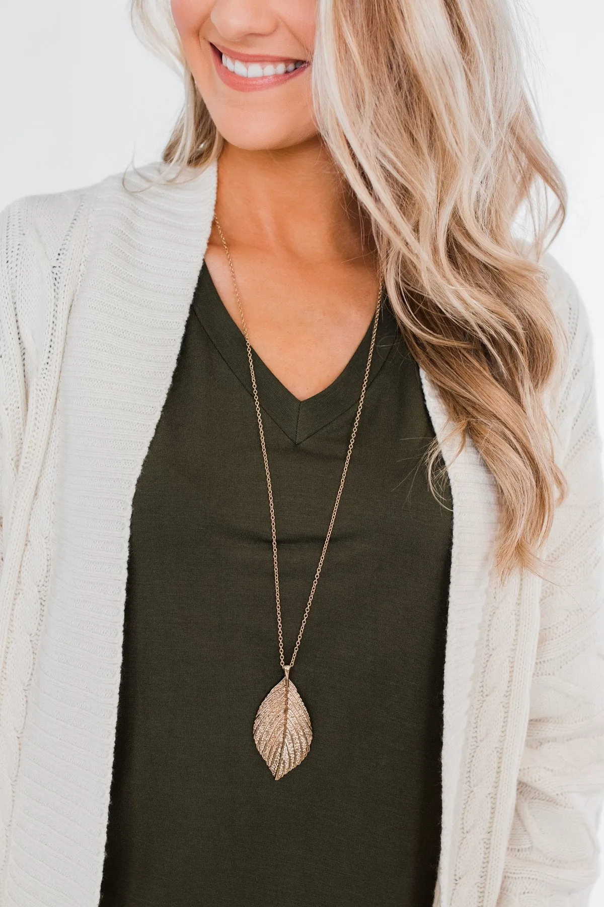 Long Solid Leaf Necklace- Gold