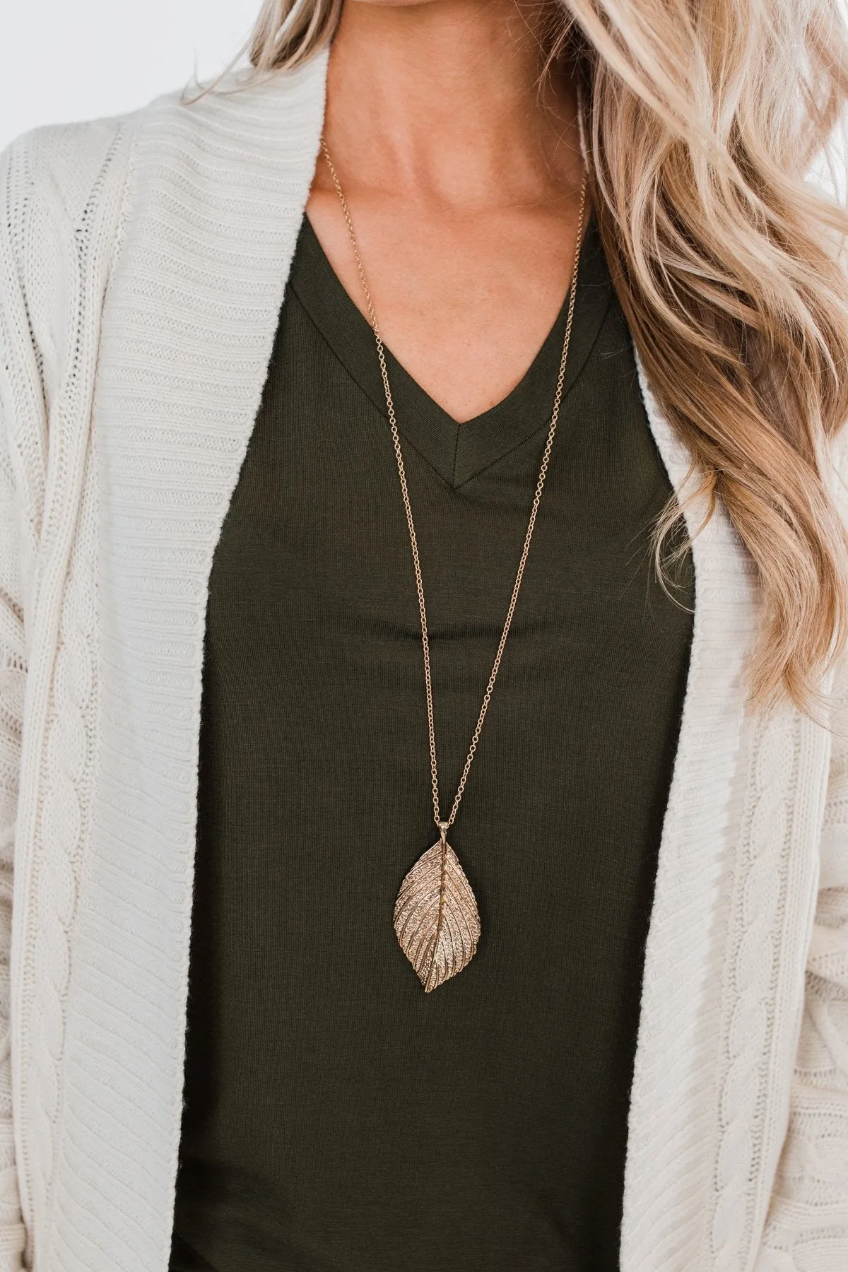 Long Solid Leaf Necklace- Gold