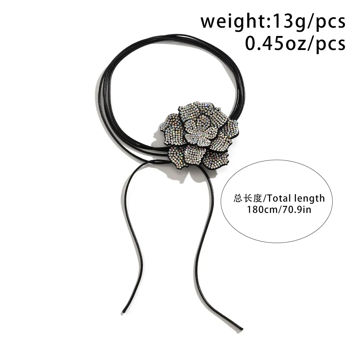 Luxury Full Rhinestone Big Rose Flower Choker Necklace for Women Black Leather Wax Rope Adjustable Choker Chain