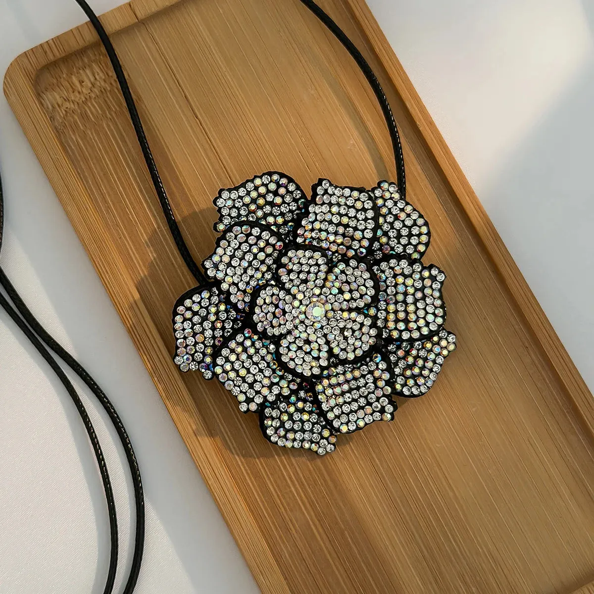 Luxury Full Rhinestone Big Rose Flower Choker Necklace for Women Black Leather Wax Rope Adjustable Choker Chain