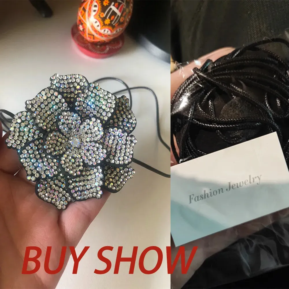Luxury Full Rhinestone Big Rose Flower Choker Necklace for Women Black Leather Wax Rope Adjustable Choker Chain