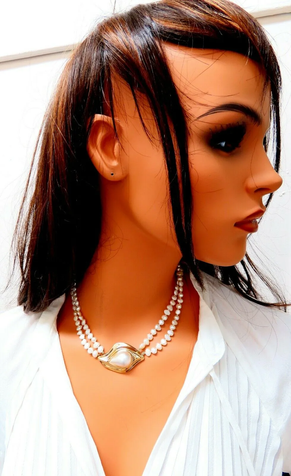 Mabe Pearl Fresh Water Double Stranded Bead Necklace 14kt 16 inch