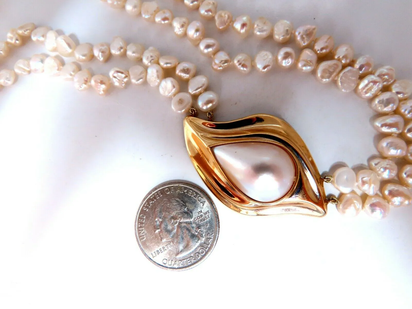 Mabe Pearl Fresh Water Double Stranded Bead Necklace 14kt 16 inch