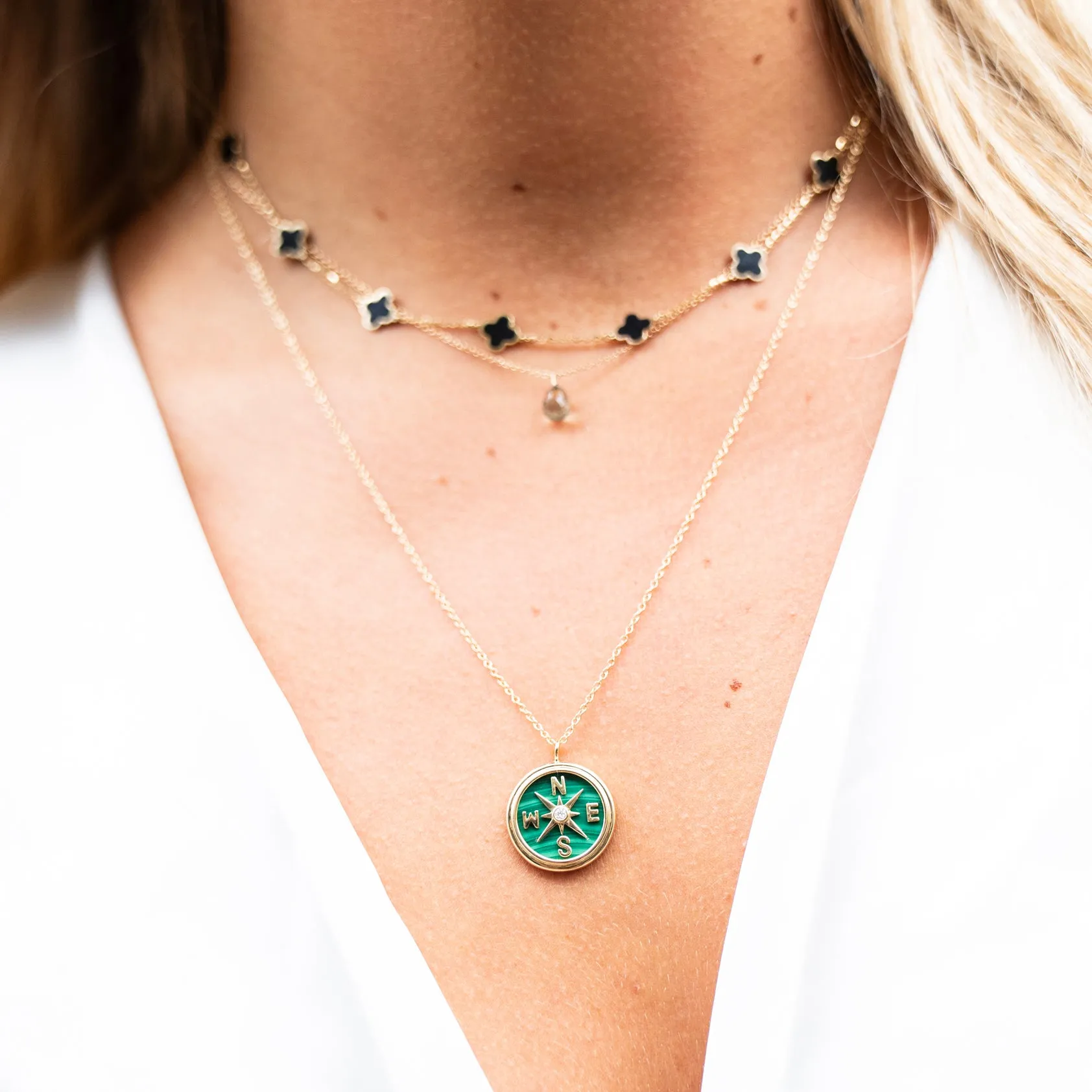 Malachite and Diamond Compass Necklace in 14k Yellow Gold
