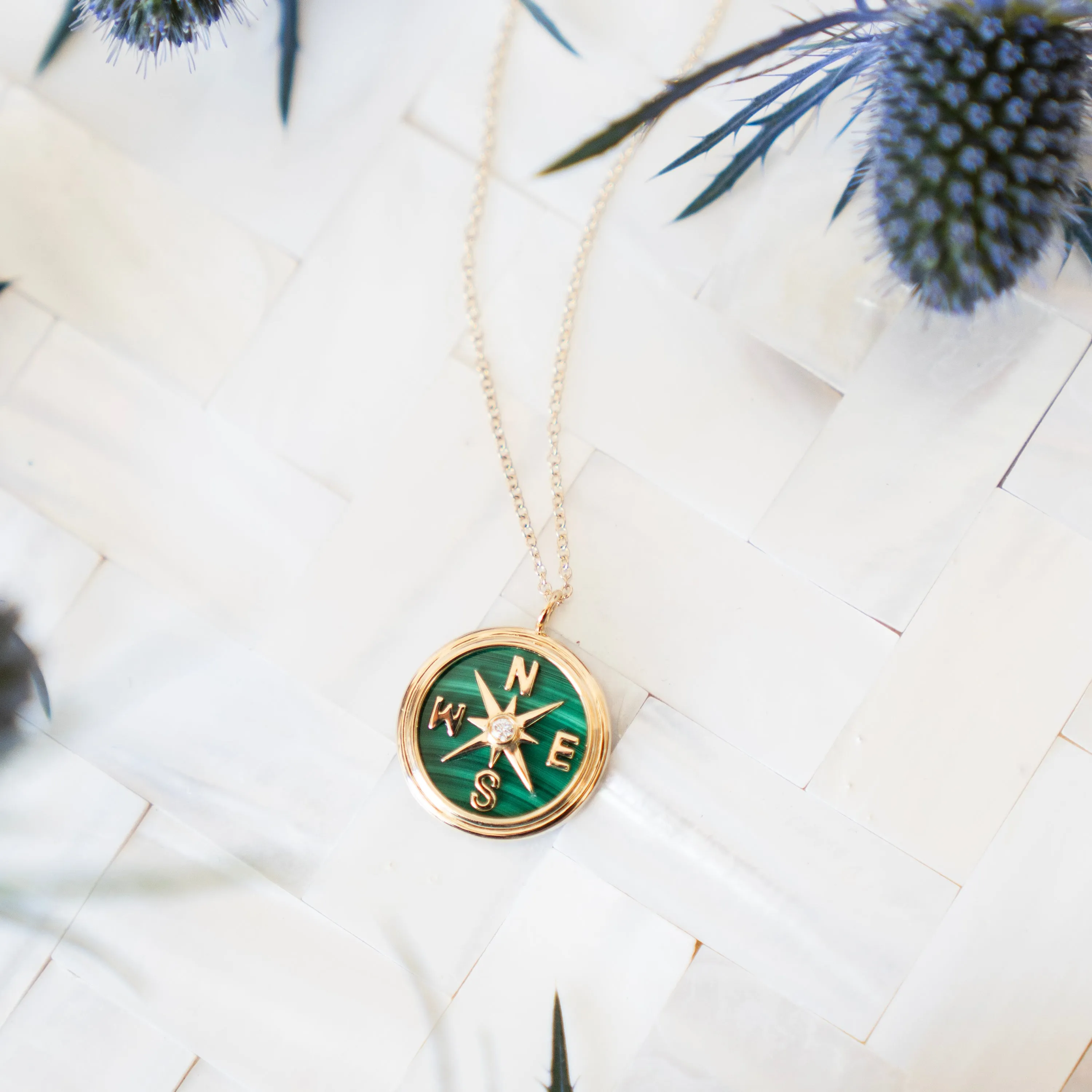 Malachite and Diamond Compass Necklace in 14k Yellow Gold