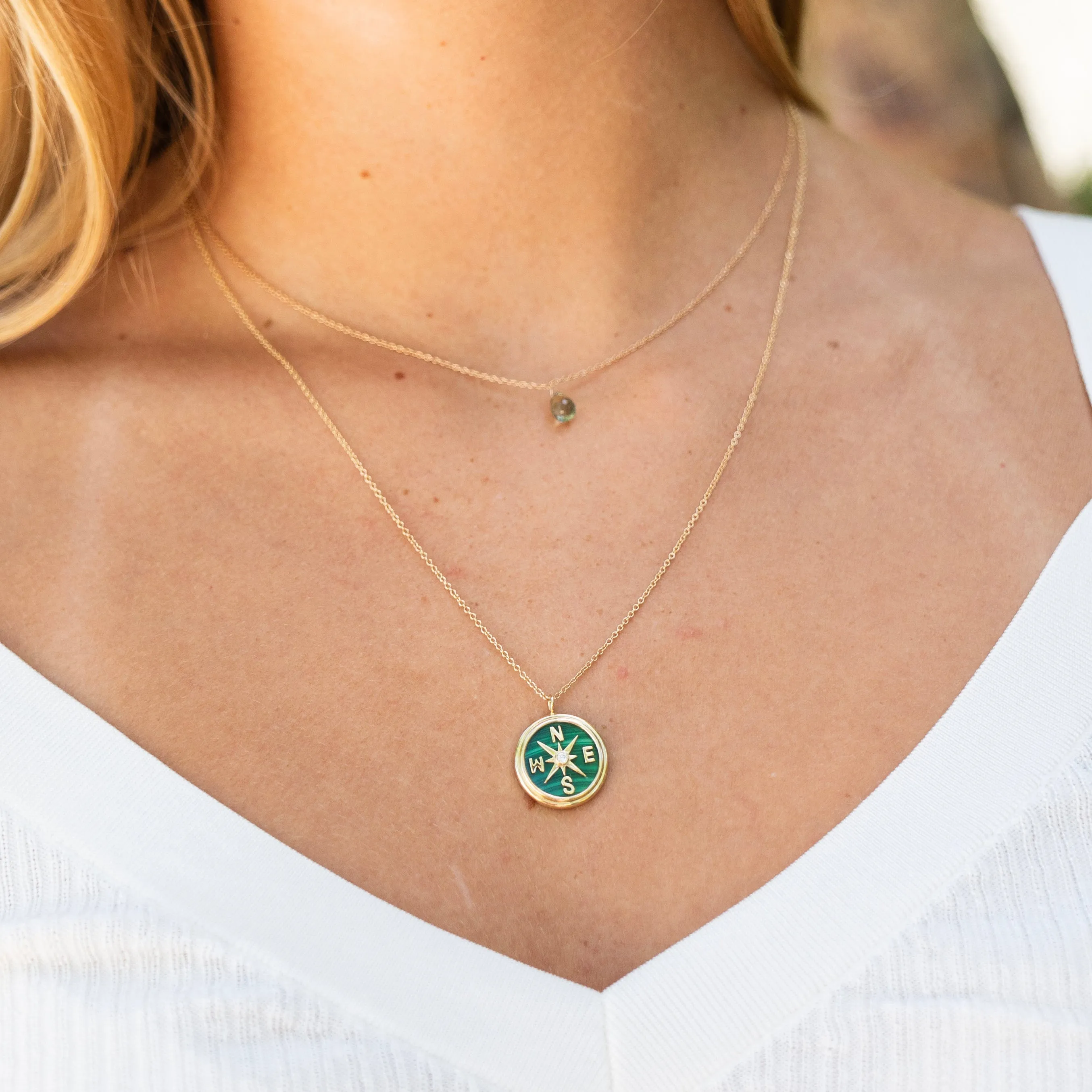 Malachite and Diamond Compass Necklace in 14k Yellow Gold