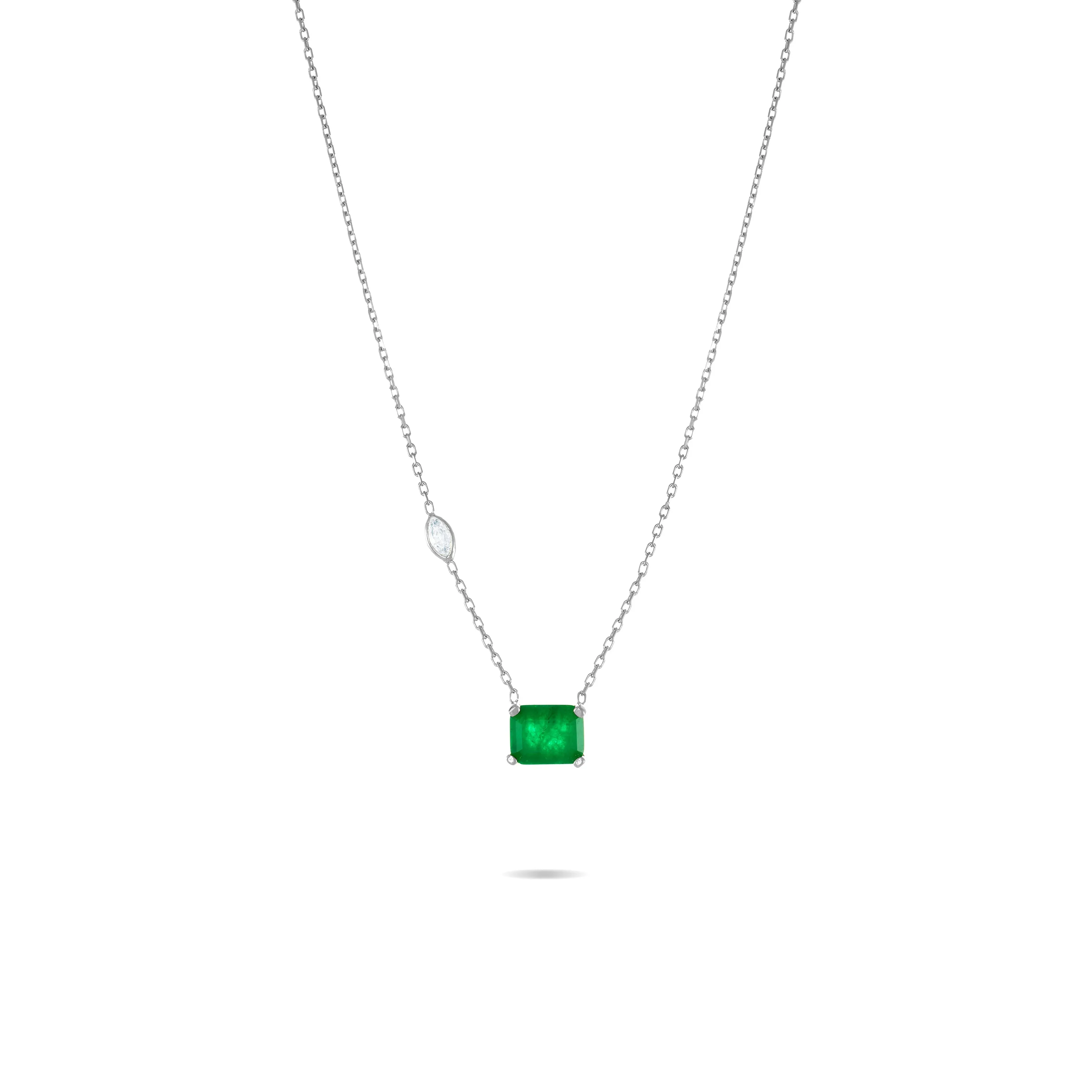 Marquise Bezel Big Stone Chain Necklace - Silver Green Matt And White