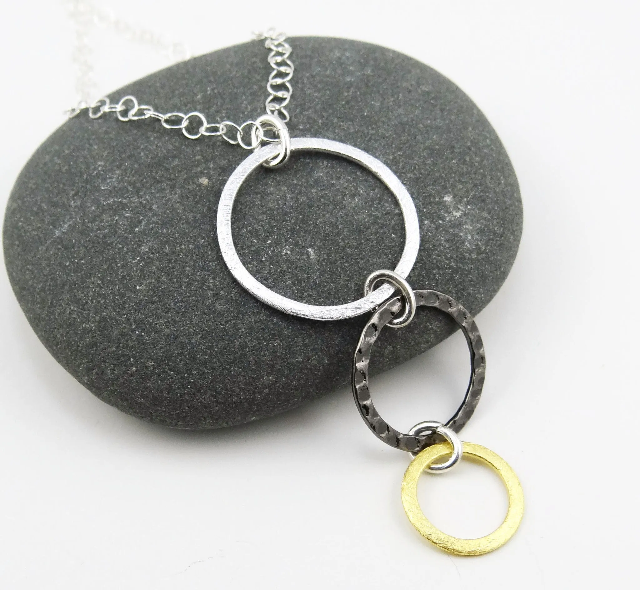 Mixed Metal #2 - Silver, Steel & Gold Triple Ring Necklace