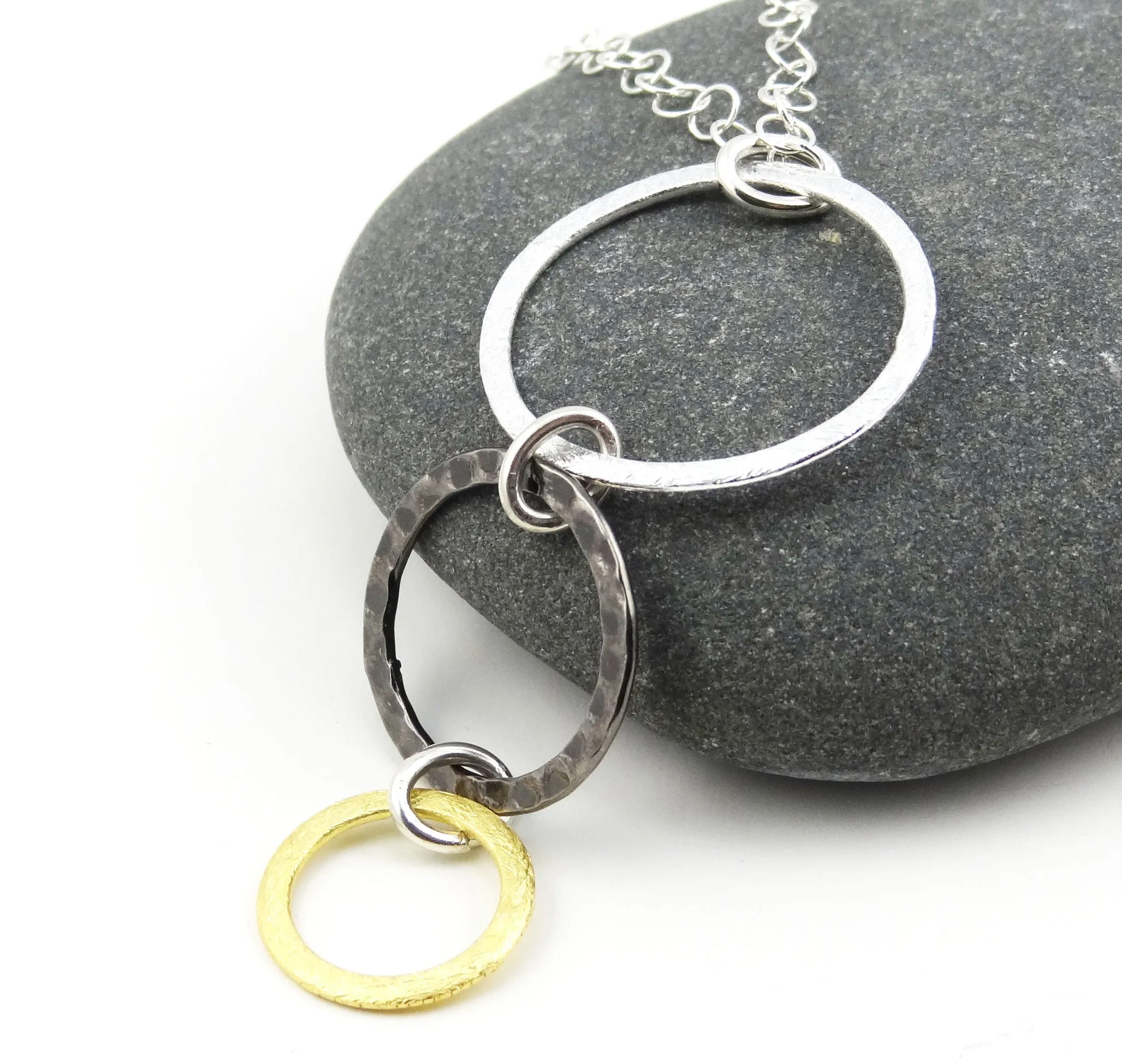 Mixed Metal #2 - Silver, Steel & Gold Triple Ring Necklace