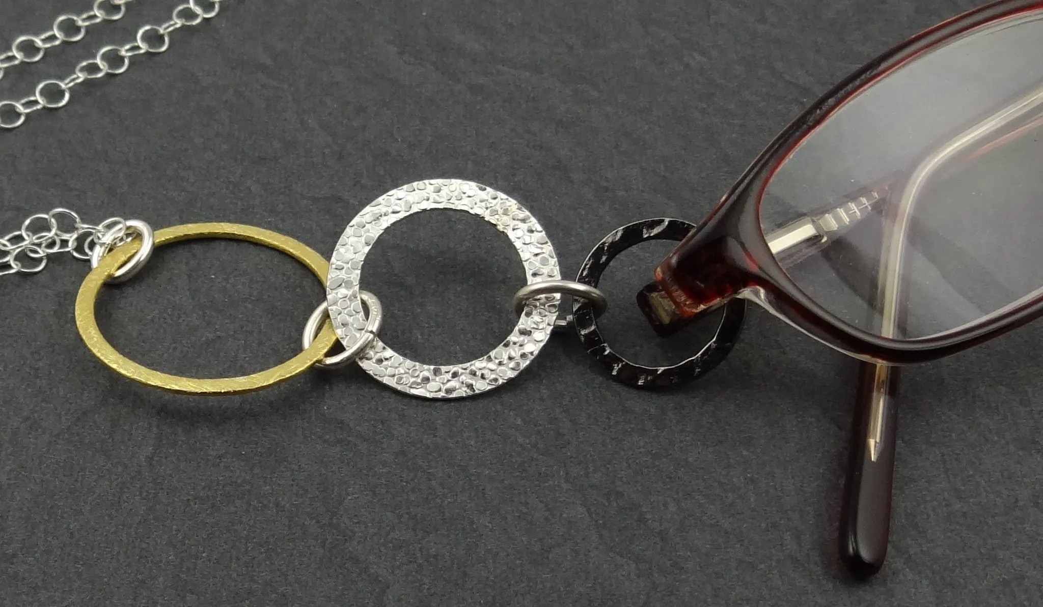 Mixed Metal - Gold, Silver, & Steel Triple Ring Eyeglass Necklace