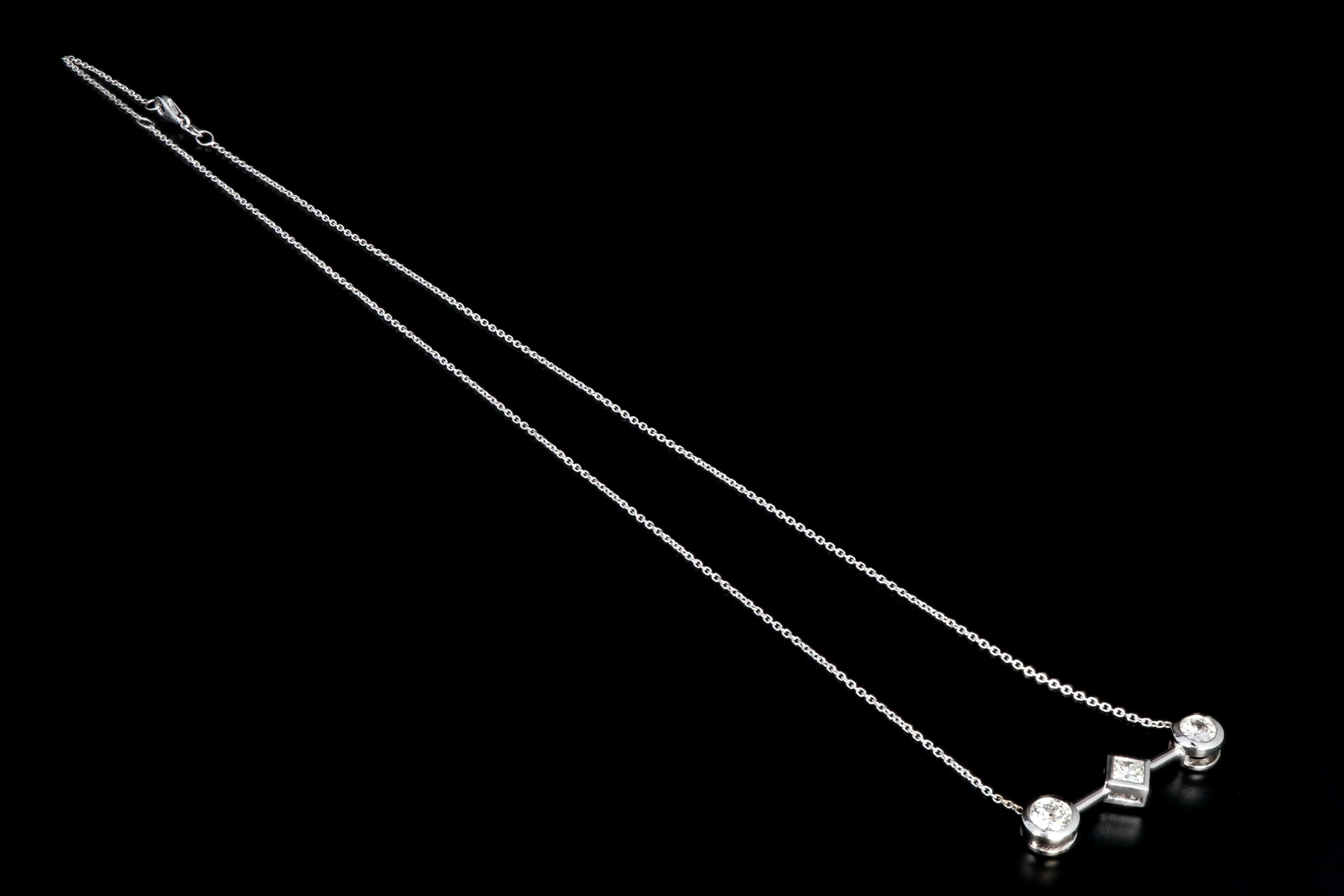 Modern 18K White Gold 1.3 Carat Princess and Round Brilliant Cut Diamond Pendant Necklace with 14K White Gold Chain