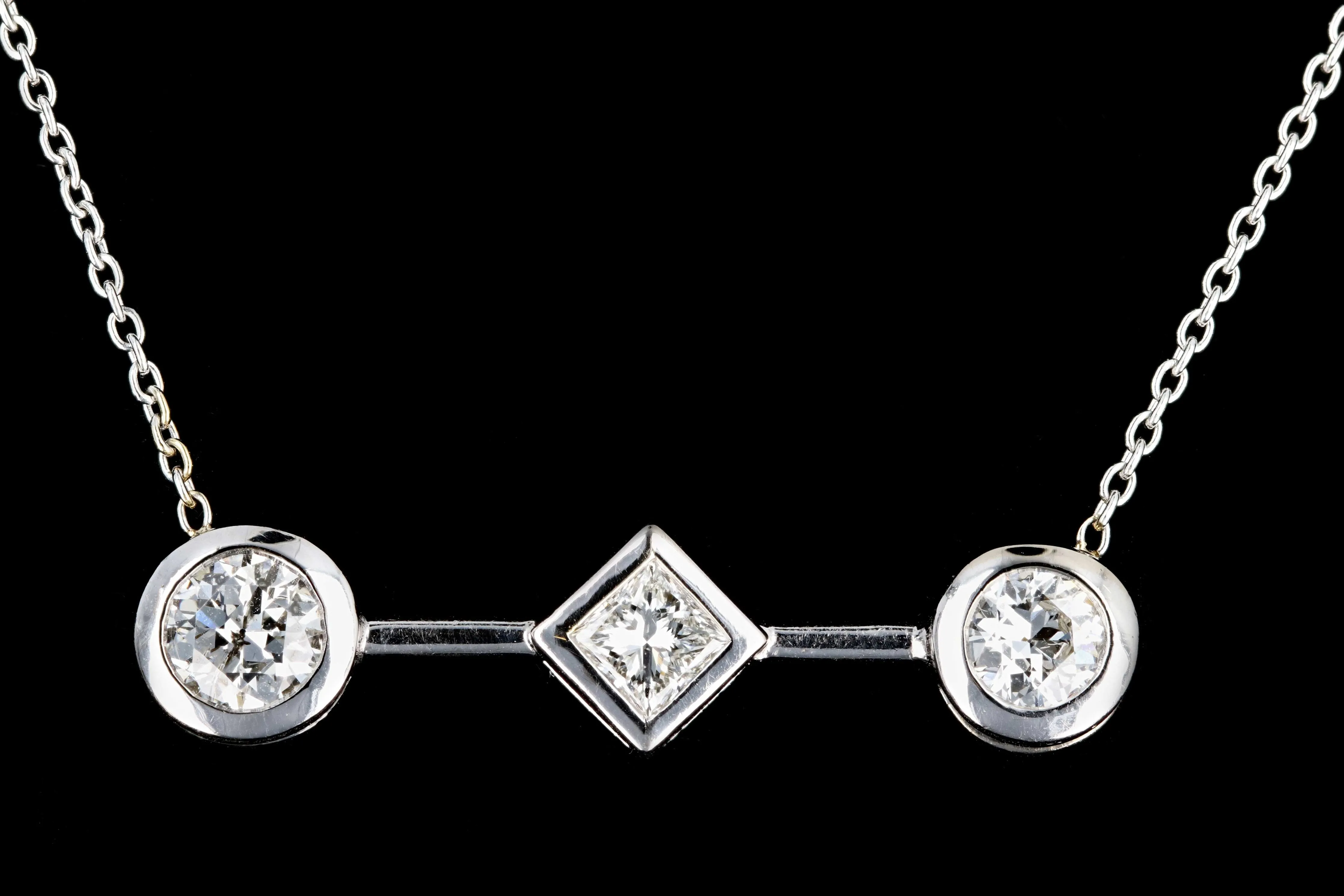Modern 18K White Gold 1.3 Carat Princess and Round Brilliant Cut Diamond Pendant Necklace with 14K White Gold Chain