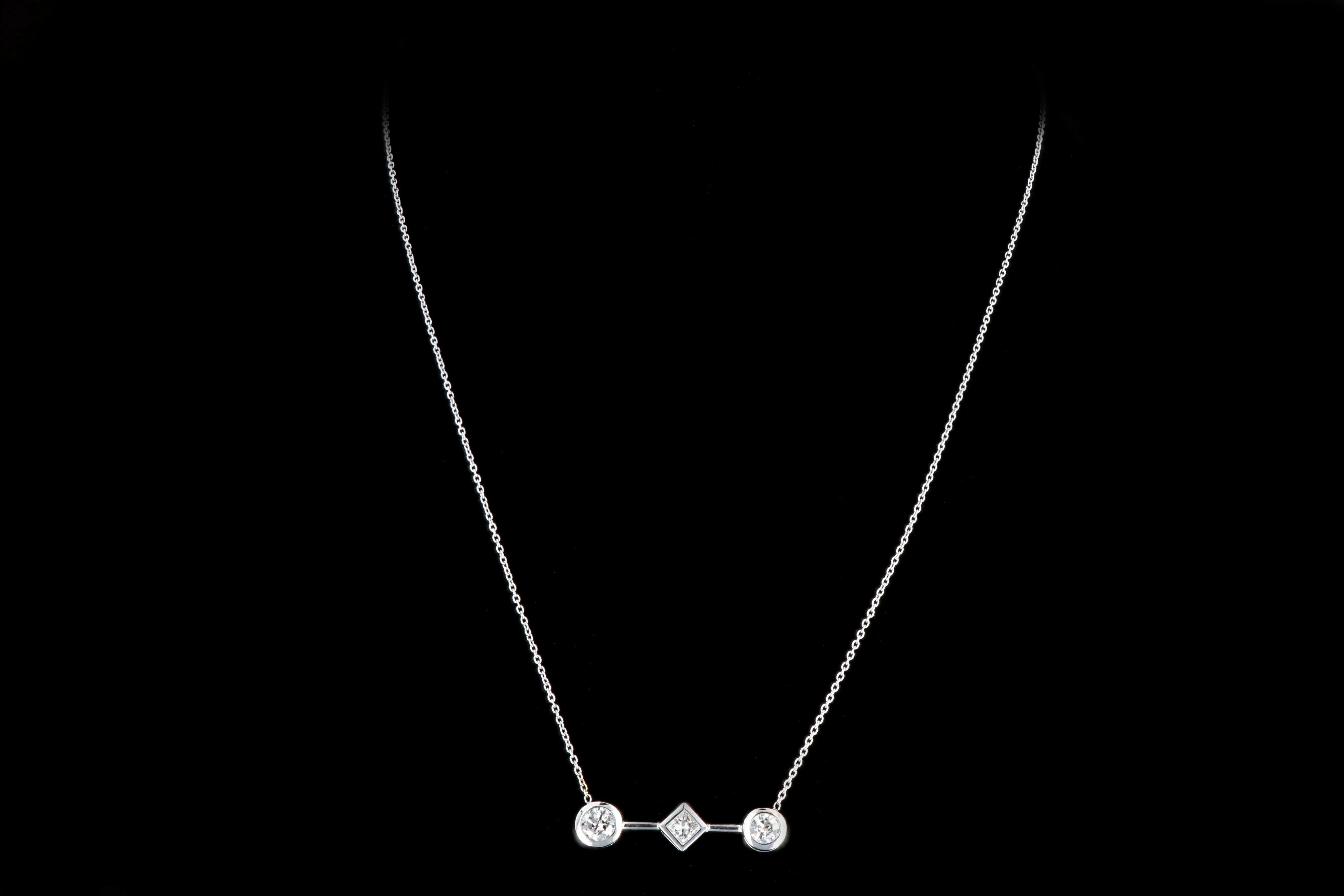 Modern 18K White Gold 1.3 Carat Princess and Round Brilliant Cut Diamond Pendant Necklace with 14K White Gold Chain