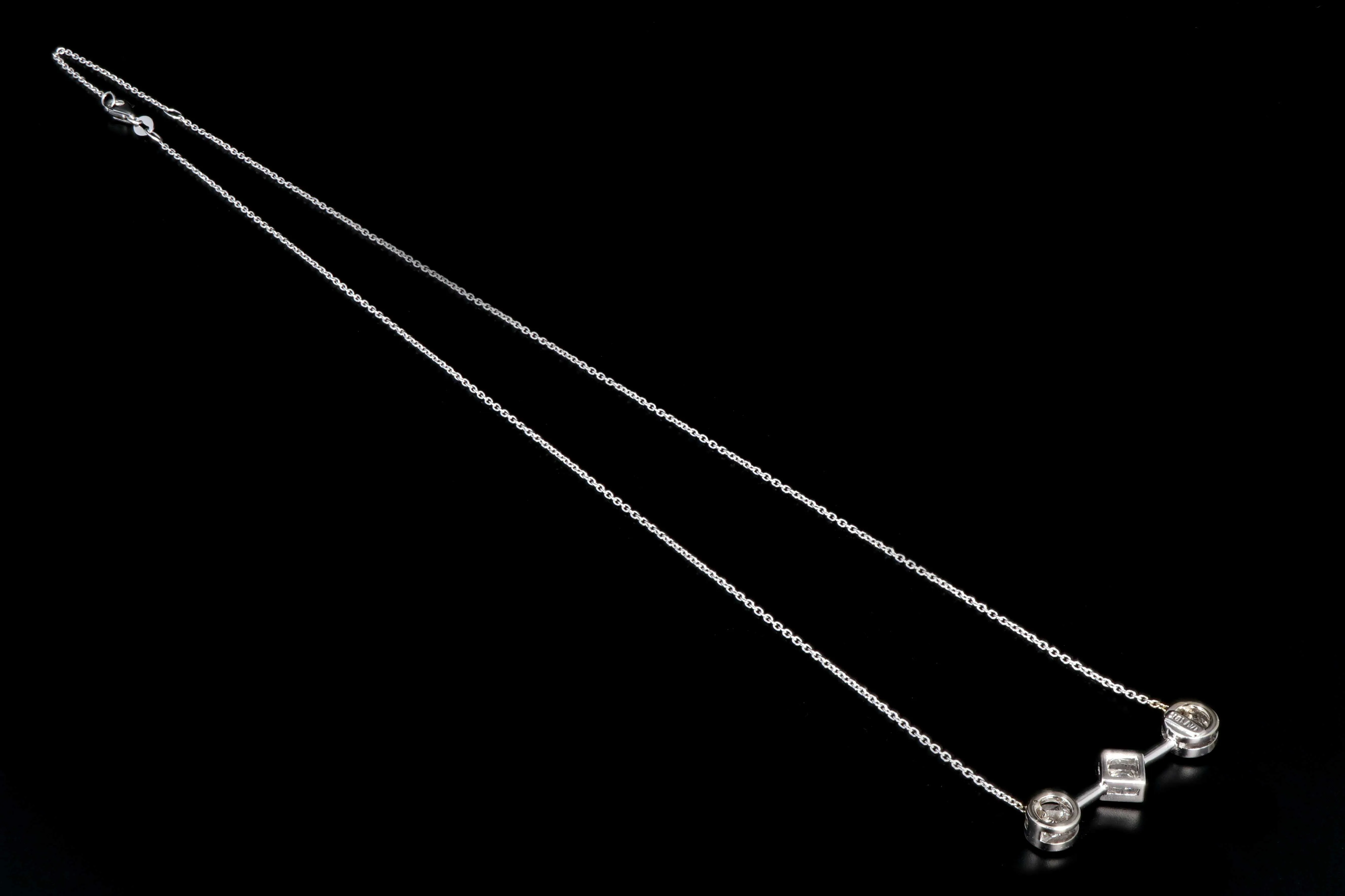 Modern 18K White Gold 1.3 Carat Princess and Round Brilliant Cut Diamond Pendant Necklace with 14K White Gold Chain