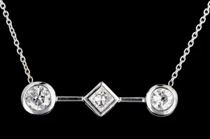 Modern 18K White Gold 1.3 Carat Princess and Round Brilliant Cut Diamond Pendant Necklace with 14K White Gold Chain