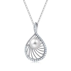 Molah Silver Freshwater Pearl and Cubic Zirconia Swirl Teardrop Pendant Necklace