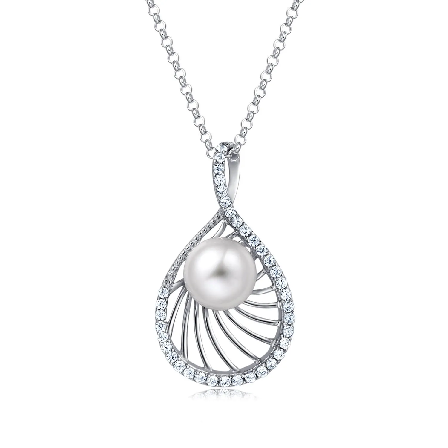 Molah Silver Freshwater Pearl and Cubic Zirconia Swirl Teardrop Pendant Necklace