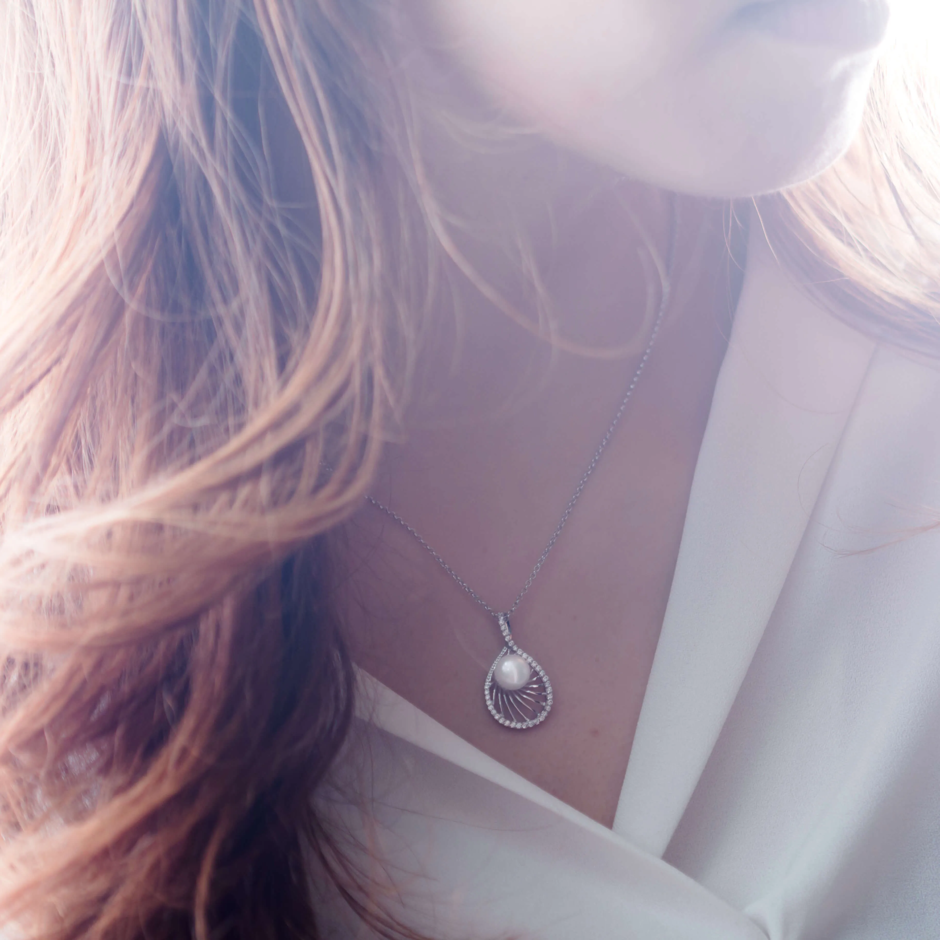 Molah Silver Freshwater Pearl and Cubic Zirconia Swirl Teardrop Pendant Necklace