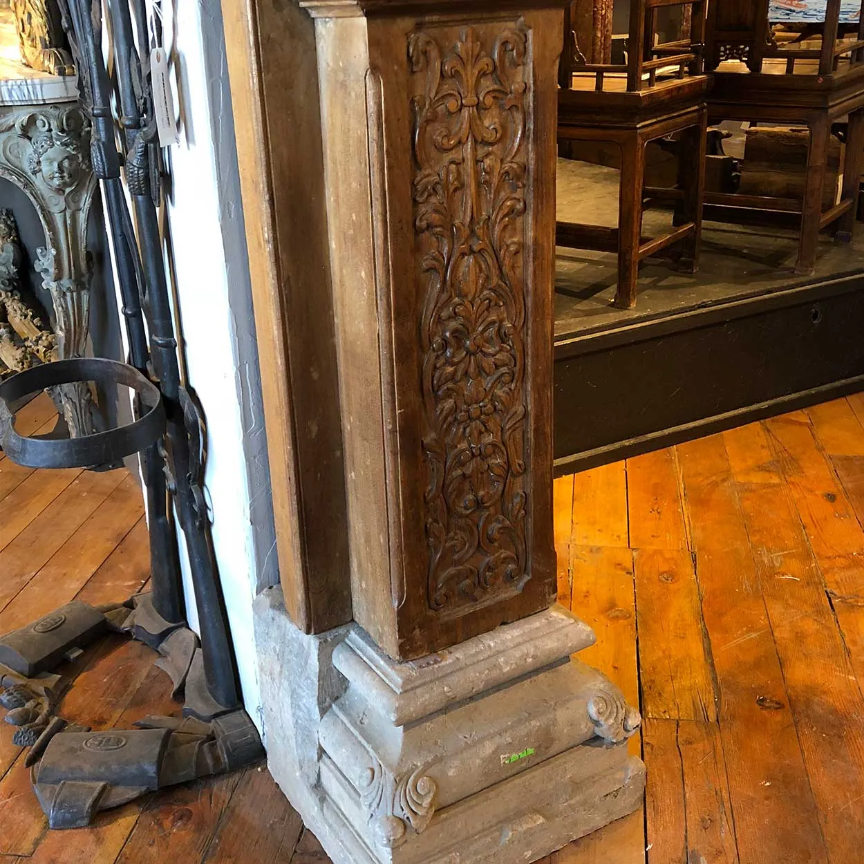 Monumental Indian Teak and Limestone Base Architectural Pilaster Column