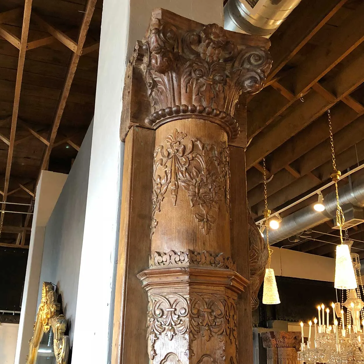 Monumental Indian Teak and Limestone Base Architectural Pilaster Column