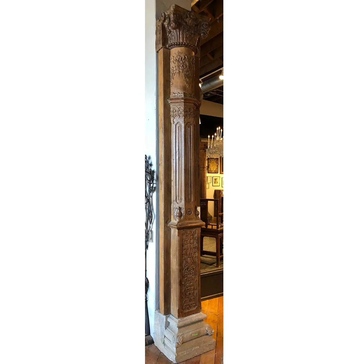 Monumental Indian Teak and Limestone Base Architectural Pilaster Column