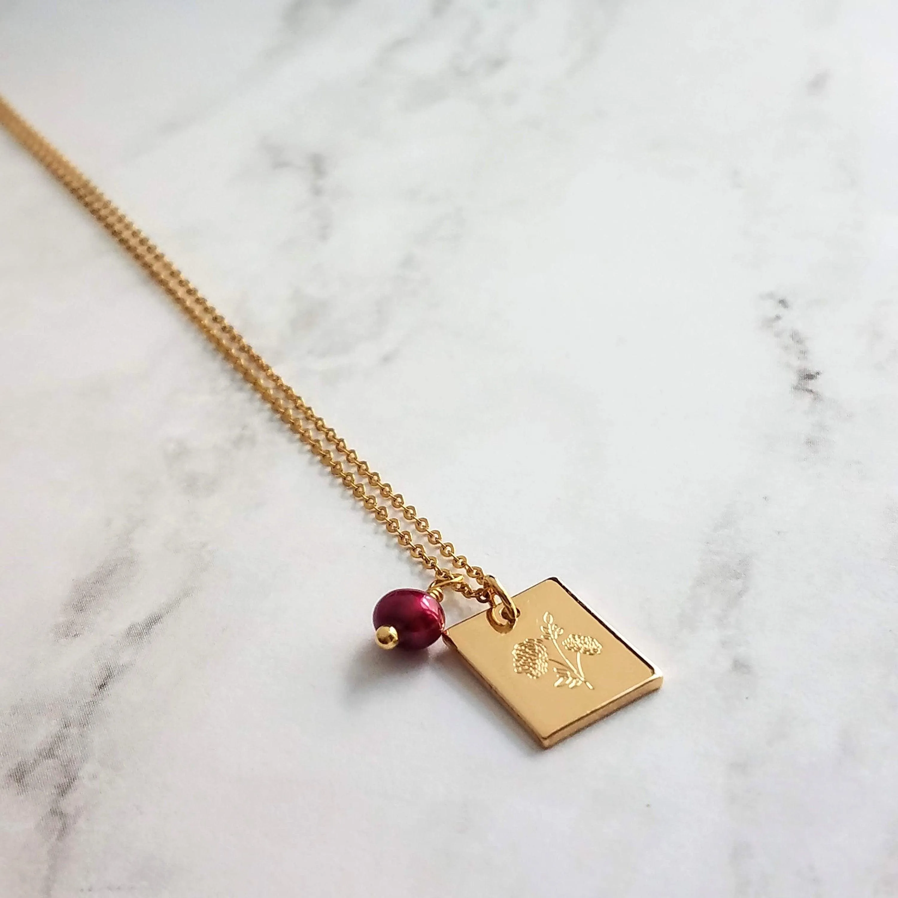 Mum Necklace - gold Chrysanthemum flower pendant, gold square pendant, engraved flower necklace, mum charm, maroon pearl charm, freshwater