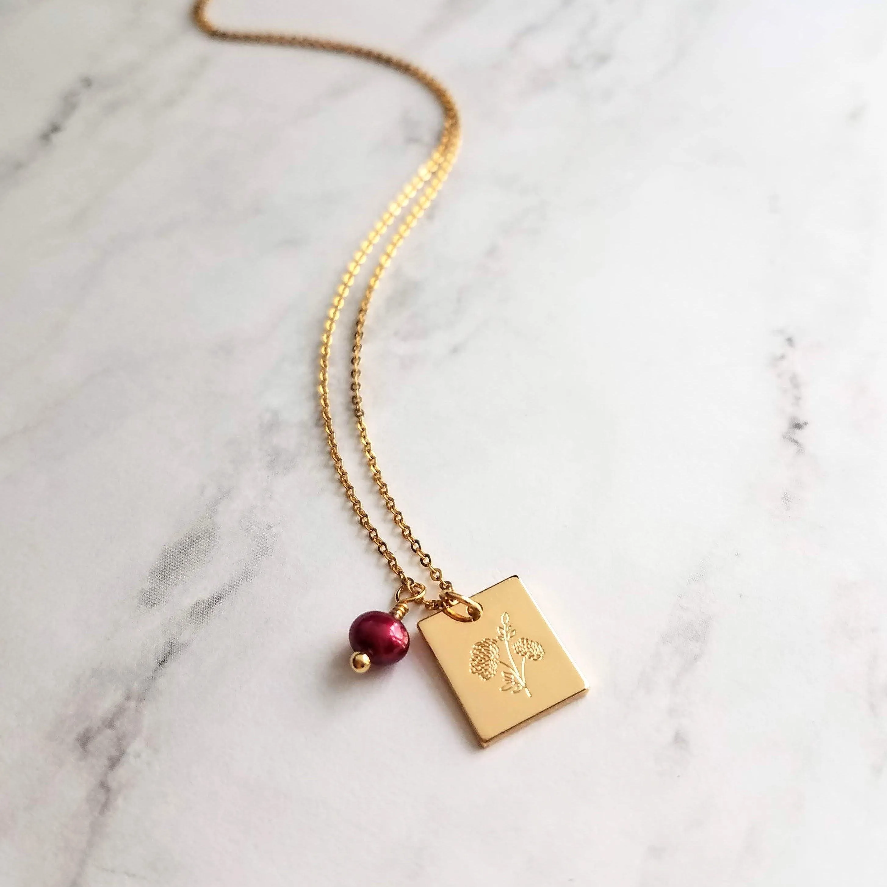 Mum Necklace - gold Chrysanthemum flower pendant, gold square pendant, engraved flower necklace, mum charm, maroon pearl charm, freshwater