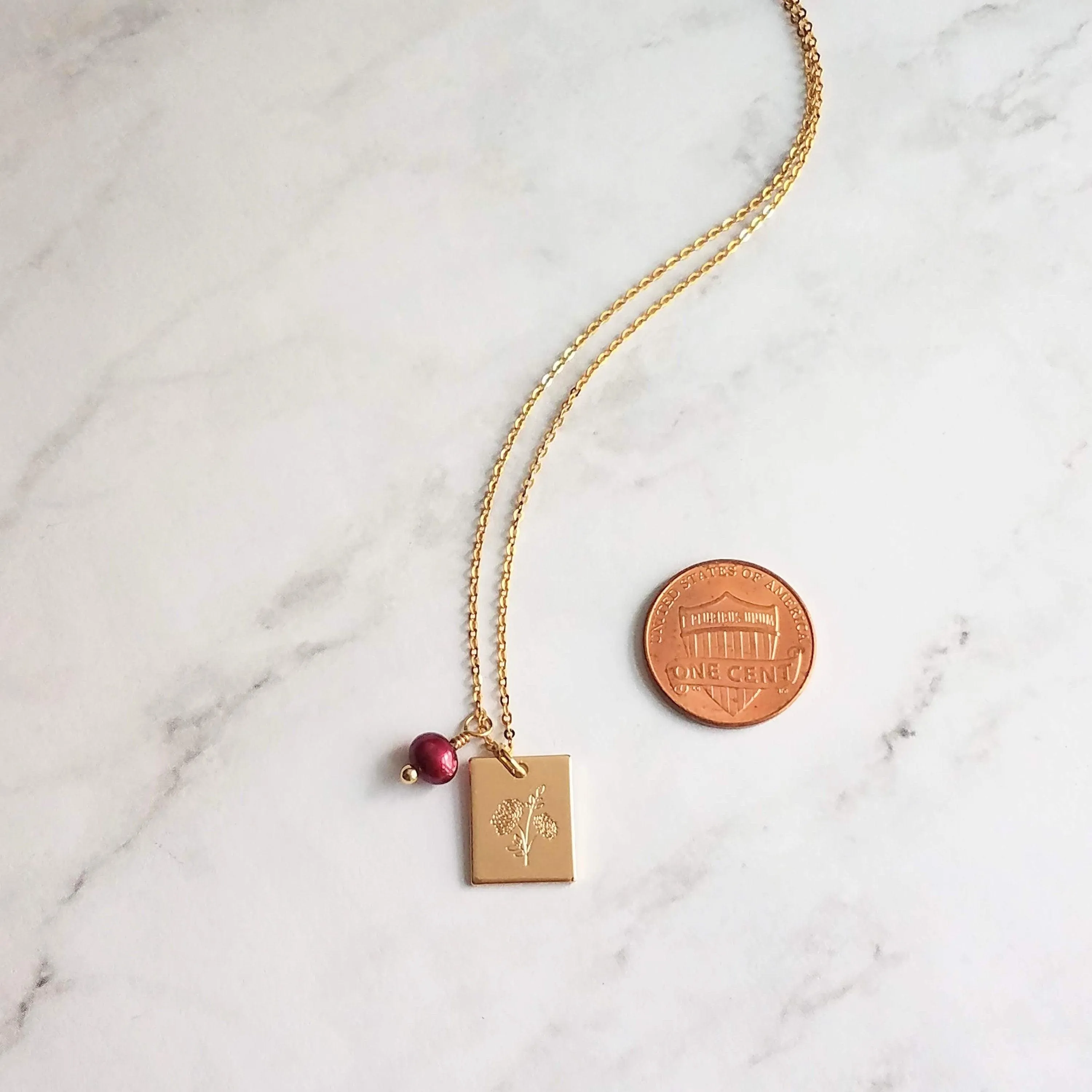 Mum Necklace - gold Chrysanthemum flower pendant, gold square pendant, engraved flower necklace, mum charm, maroon pearl charm, freshwater