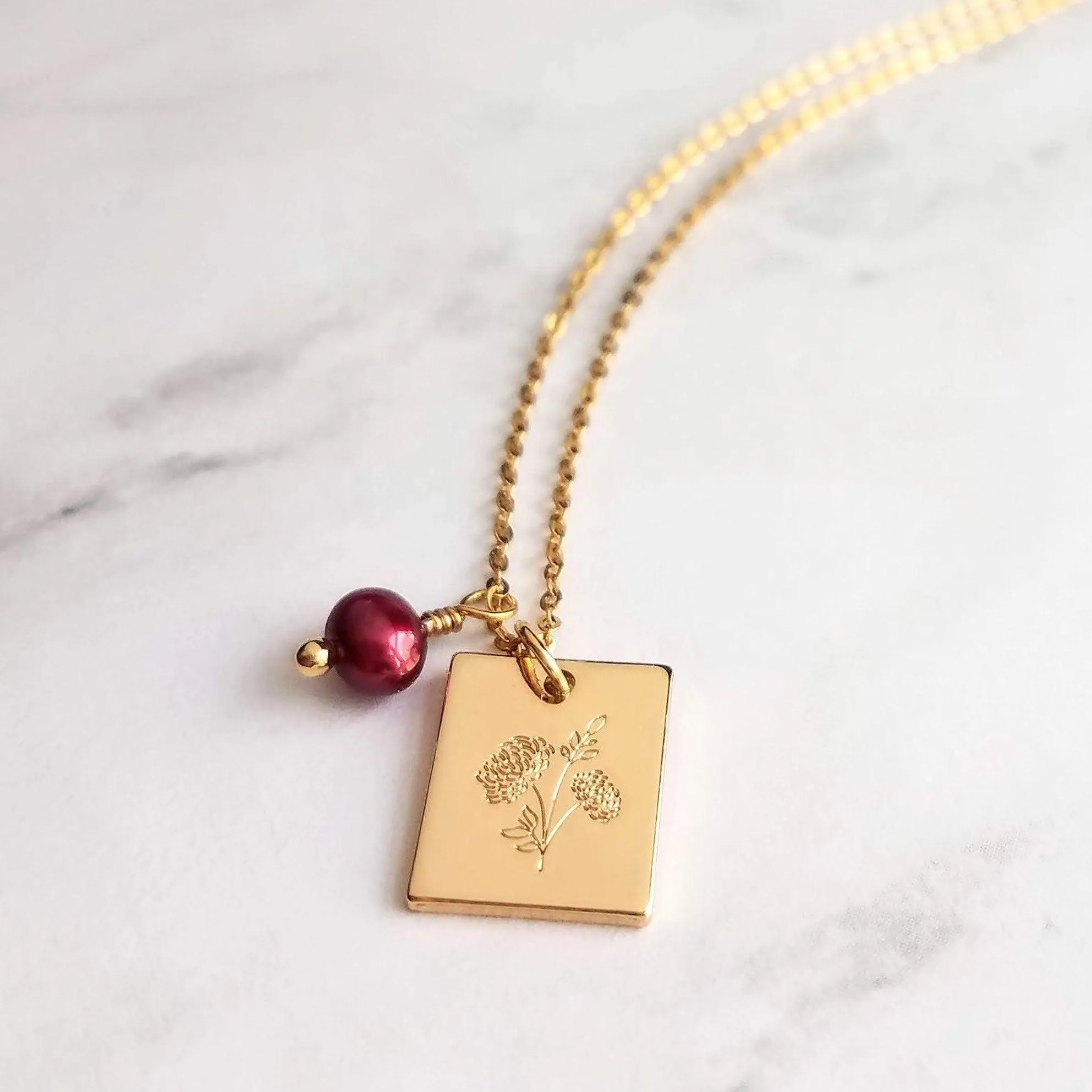 Mum Necklace - gold Chrysanthemum flower pendant, gold square pendant, engraved flower necklace, mum charm, maroon pearl charm, freshwater