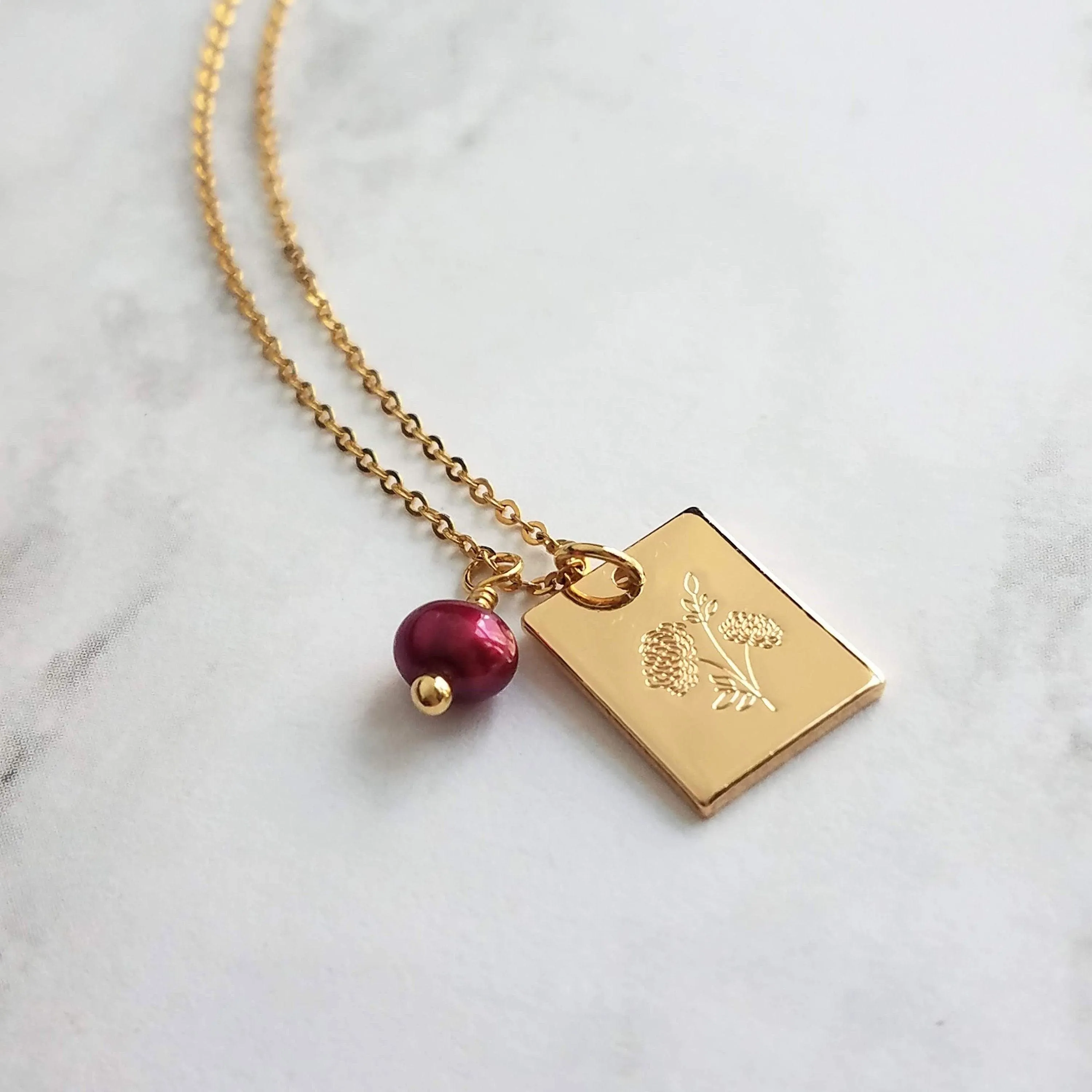 Mum Necklace - gold Chrysanthemum flower pendant, gold square pendant, engraved flower necklace, mum charm, maroon pearl charm, freshwater