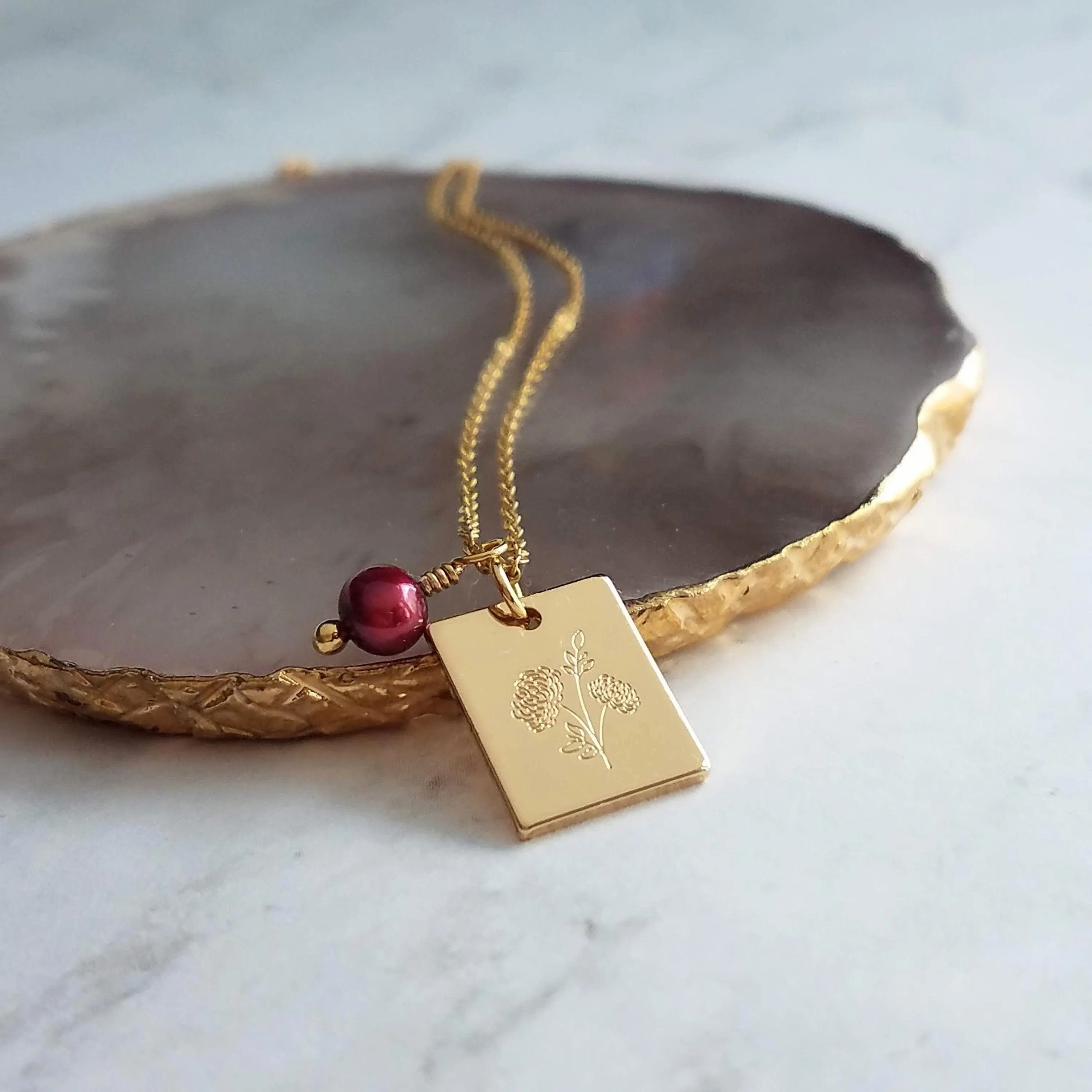 Mum Necklace - gold Chrysanthemum flower pendant, gold square pendant, engraved flower necklace, mum charm, maroon pearl charm, freshwater