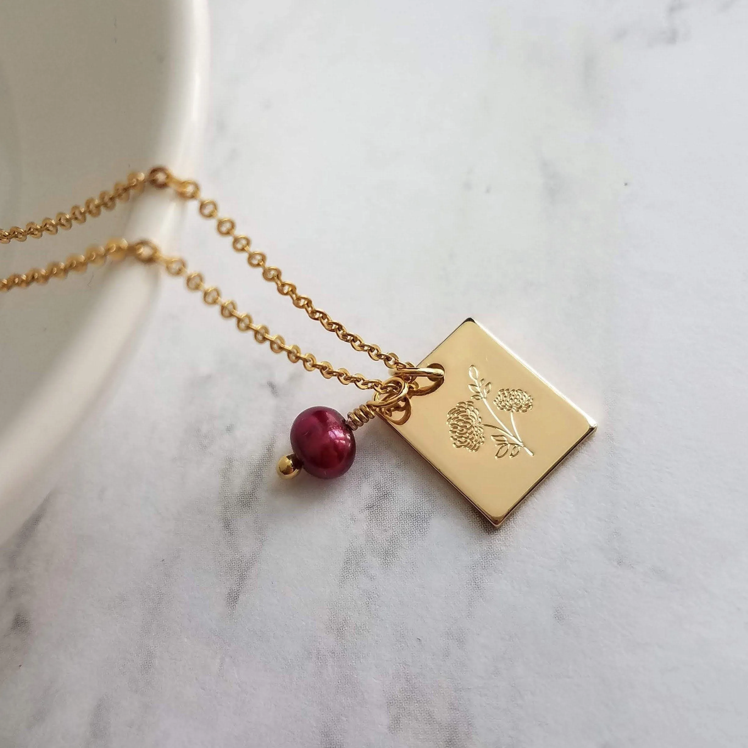 Mum Necklace - gold Chrysanthemum flower pendant, gold square pendant, engraved flower necklace, mum charm, maroon pearl charm, freshwater