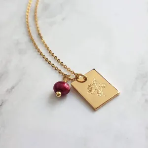 Mum Necklace - gold Chrysanthemum flower pendant, gold square pendant, engraved flower necklace, mum charm, maroon pearl charm, freshwater