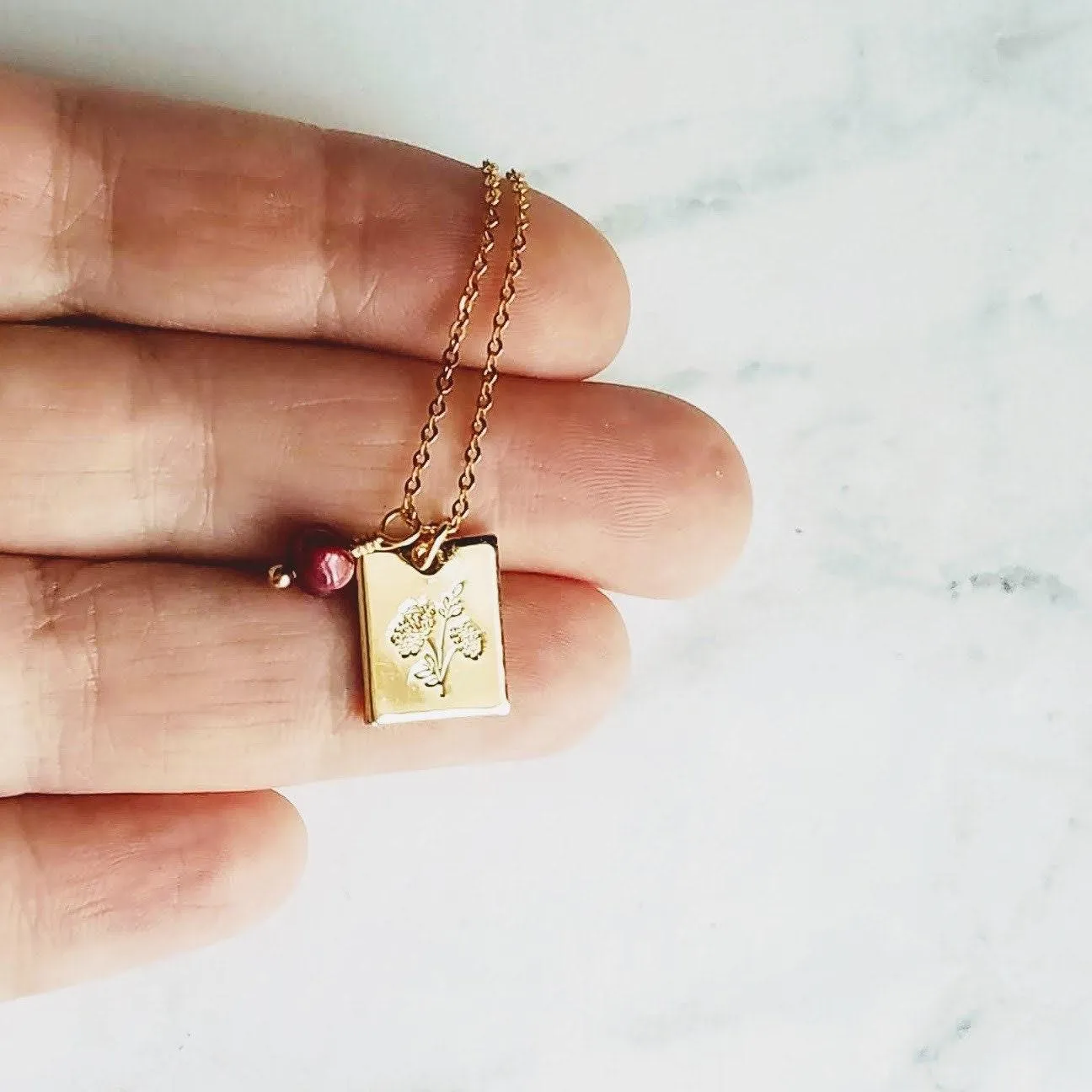 Mum Necklace - gold Chrysanthemum flower pendant, gold square pendant, engraved flower necklace, mum charm, maroon pearl charm, freshwater