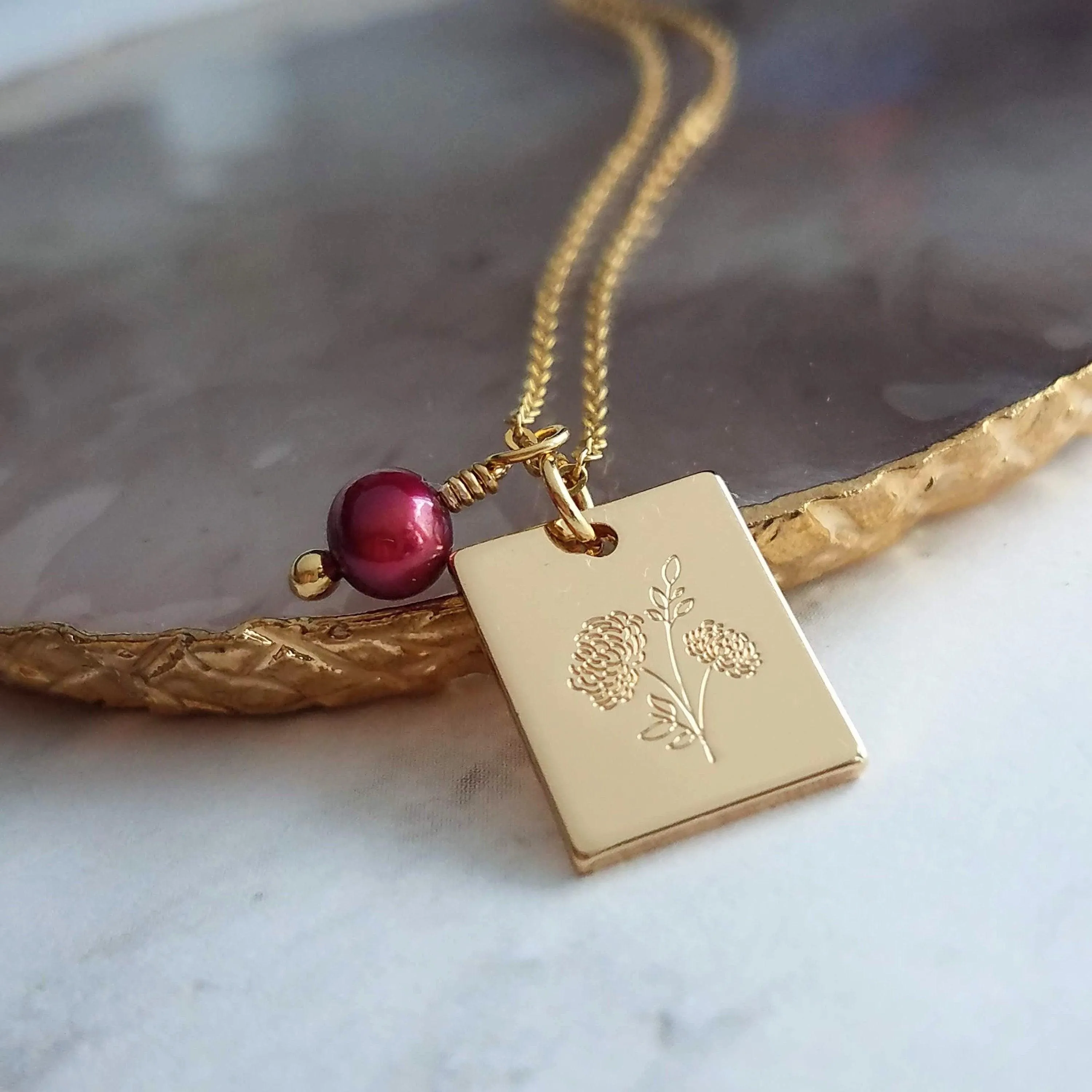 Mum Necklace - gold Chrysanthemum flower pendant, gold square pendant, engraved flower necklace, mum charm, maroon pearl charm, freshwater