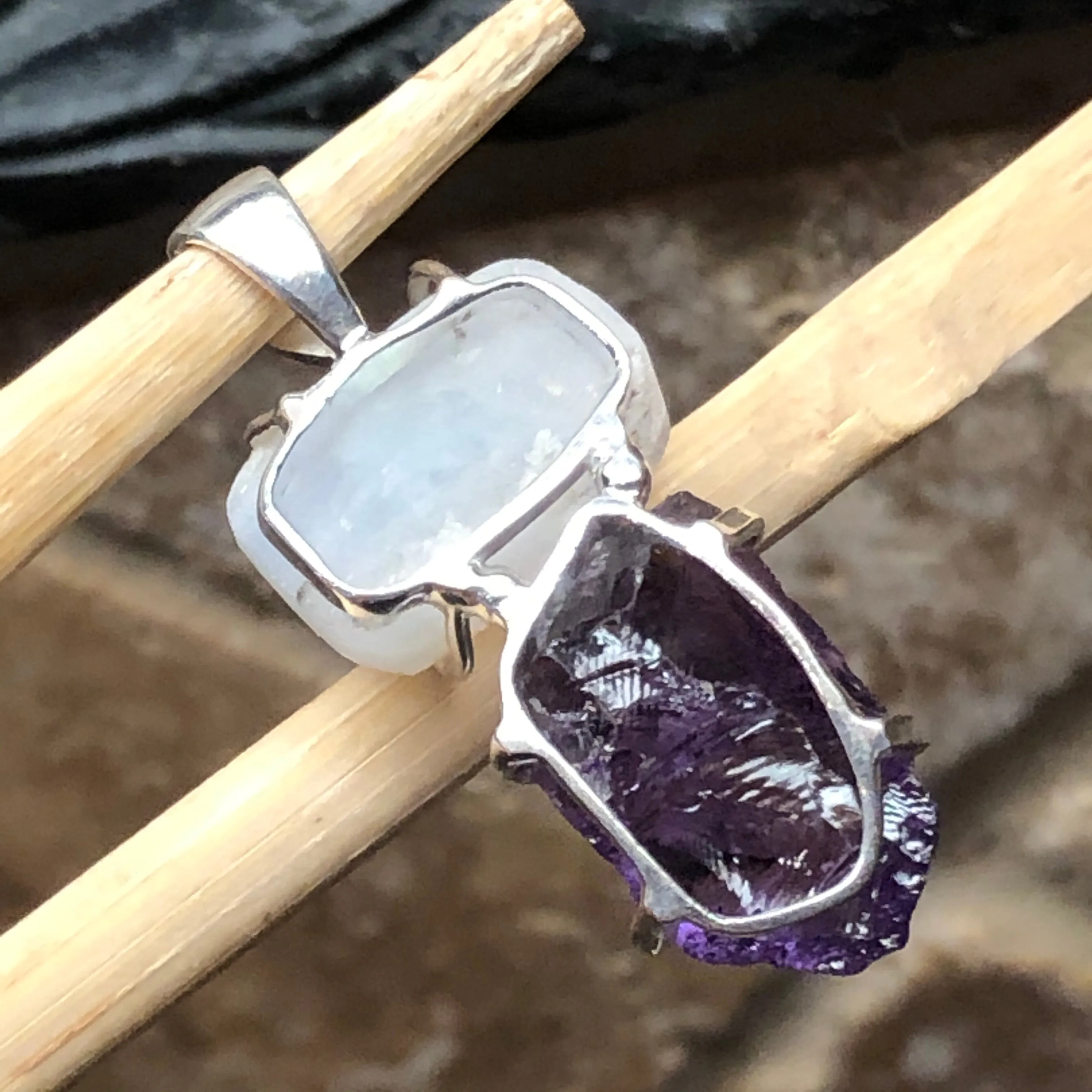 Natural Cluster Amethyst, Rainbow Moonstone 925 Solid Sterling Silver Pendant 40mm