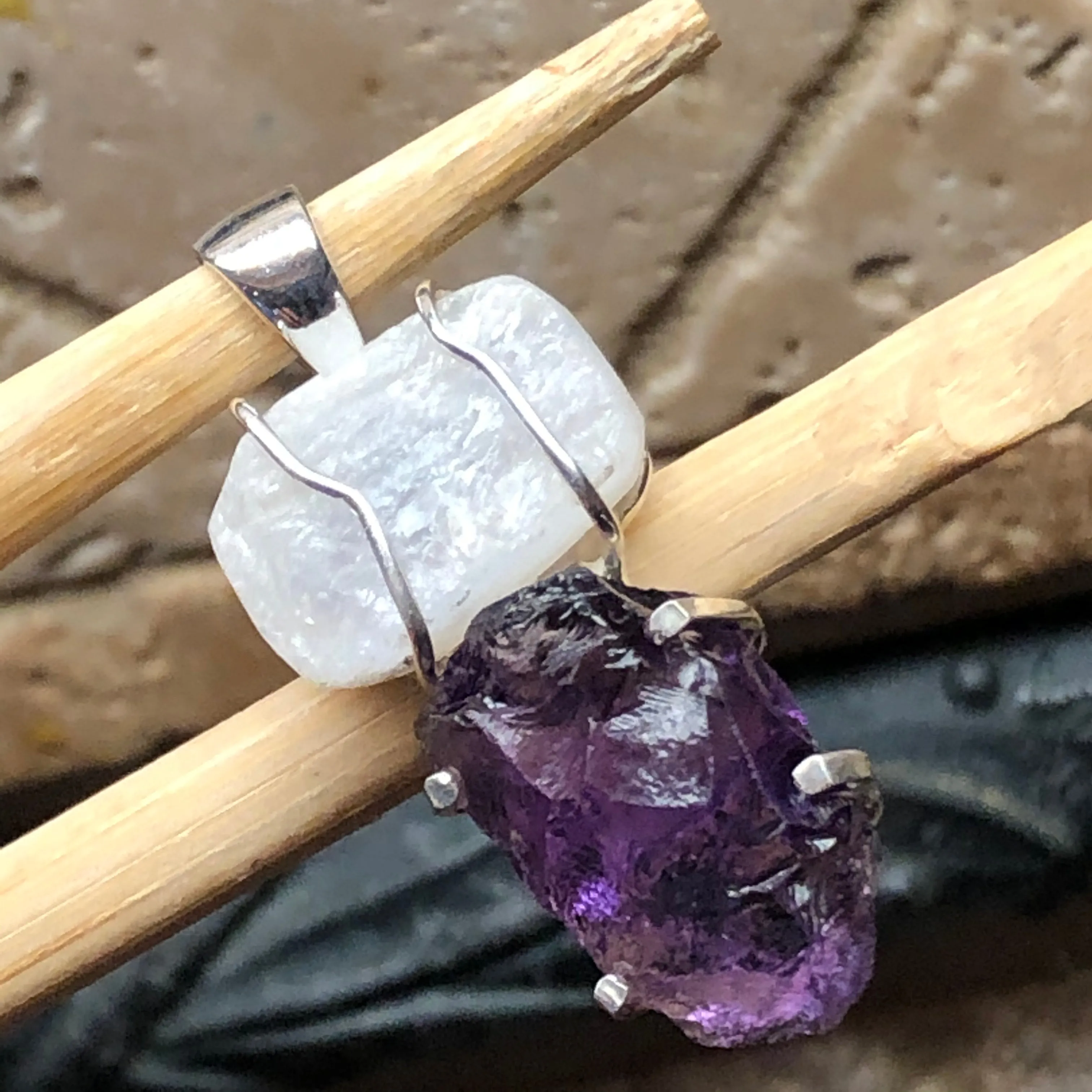 Natural Cluster Amethyst, Rainbow Moonstone 925 Solid Sterling Silver Pendant 40mm