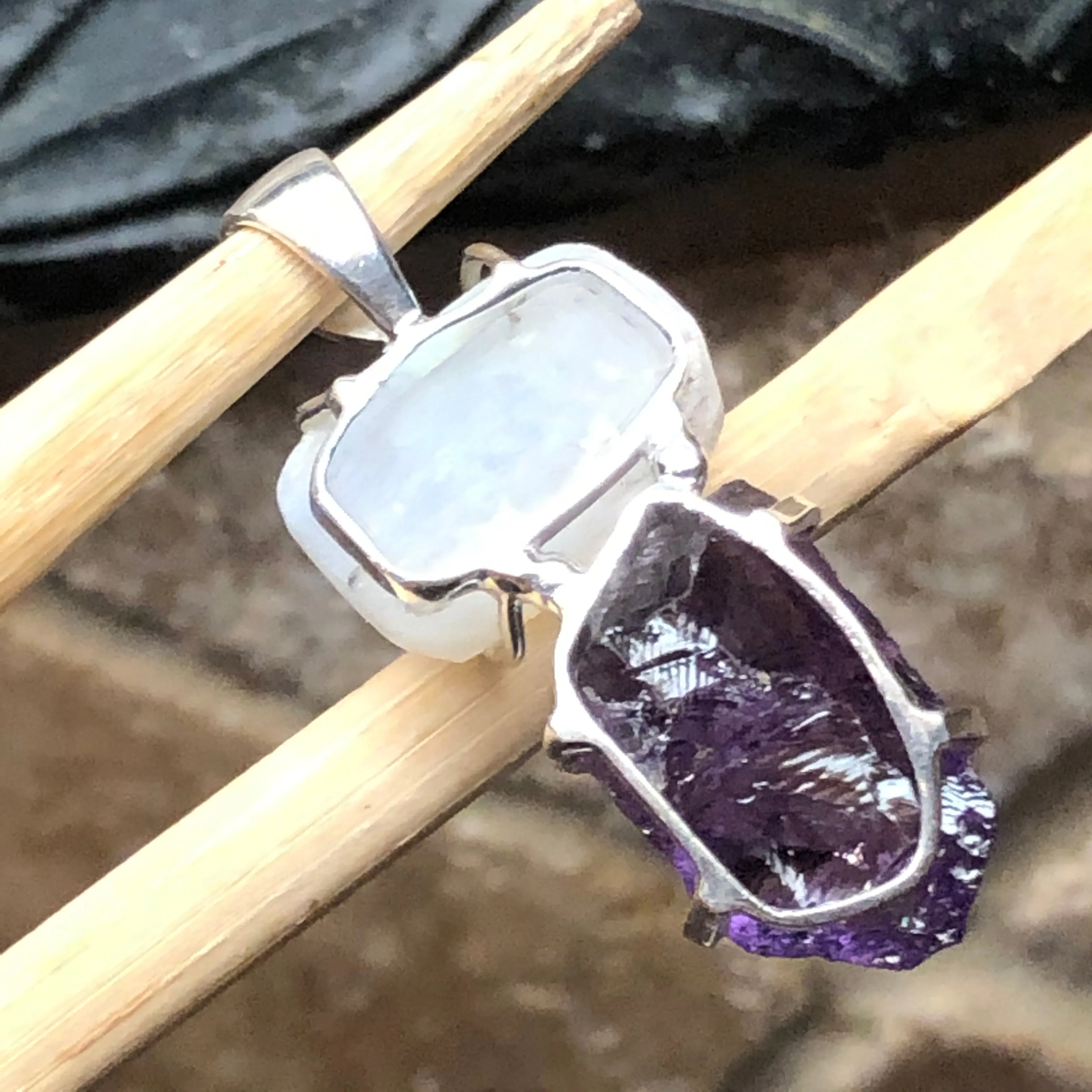 Natural Cluster Amethyst, Rainbow Moonstone 925 Solid Sterling Silver Pendant 40mm