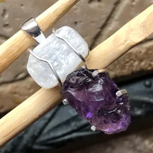 Natural Cluster Amethyst, Rainbow Moonstone 925 Solid Sterling Silver Pendant 40mm