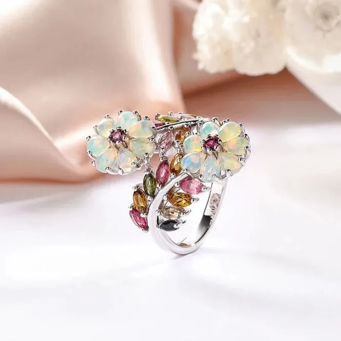 Natural Opal & Tourmaline Gemstone Flower Ring