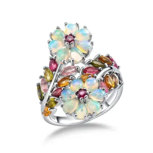 Natural Opal & Tourmaline Gemstone Flower Ring