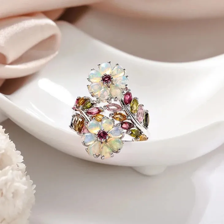 Natural Opal & Tourmaline Gemstone Flower Ring