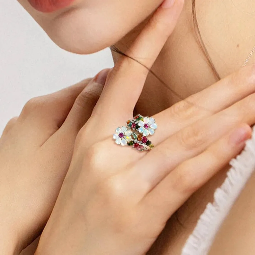Natural Opal & Tourmaline Gemstone Flower Ring