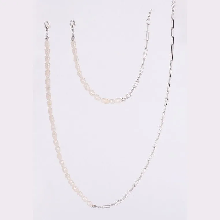 Natural pearl chain bracelet, necklace set - silver