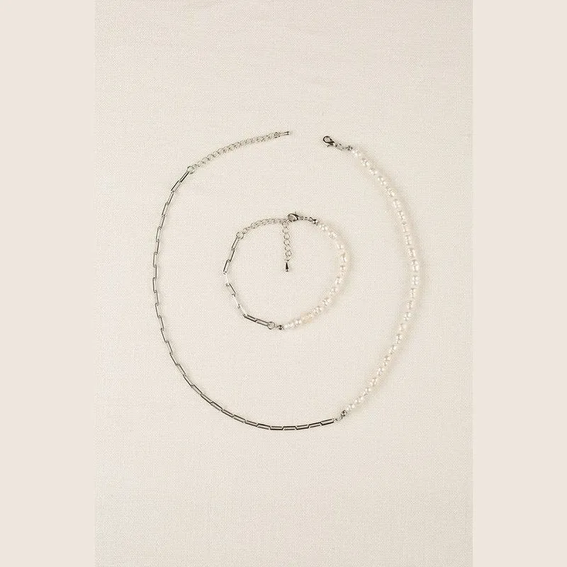 Natural pearl chain bracelet, necklace set - silver