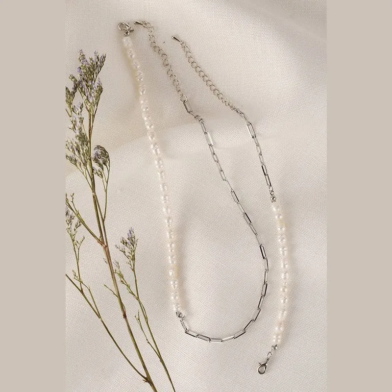 Natural pearl chain bracelet, necklace set - silver
